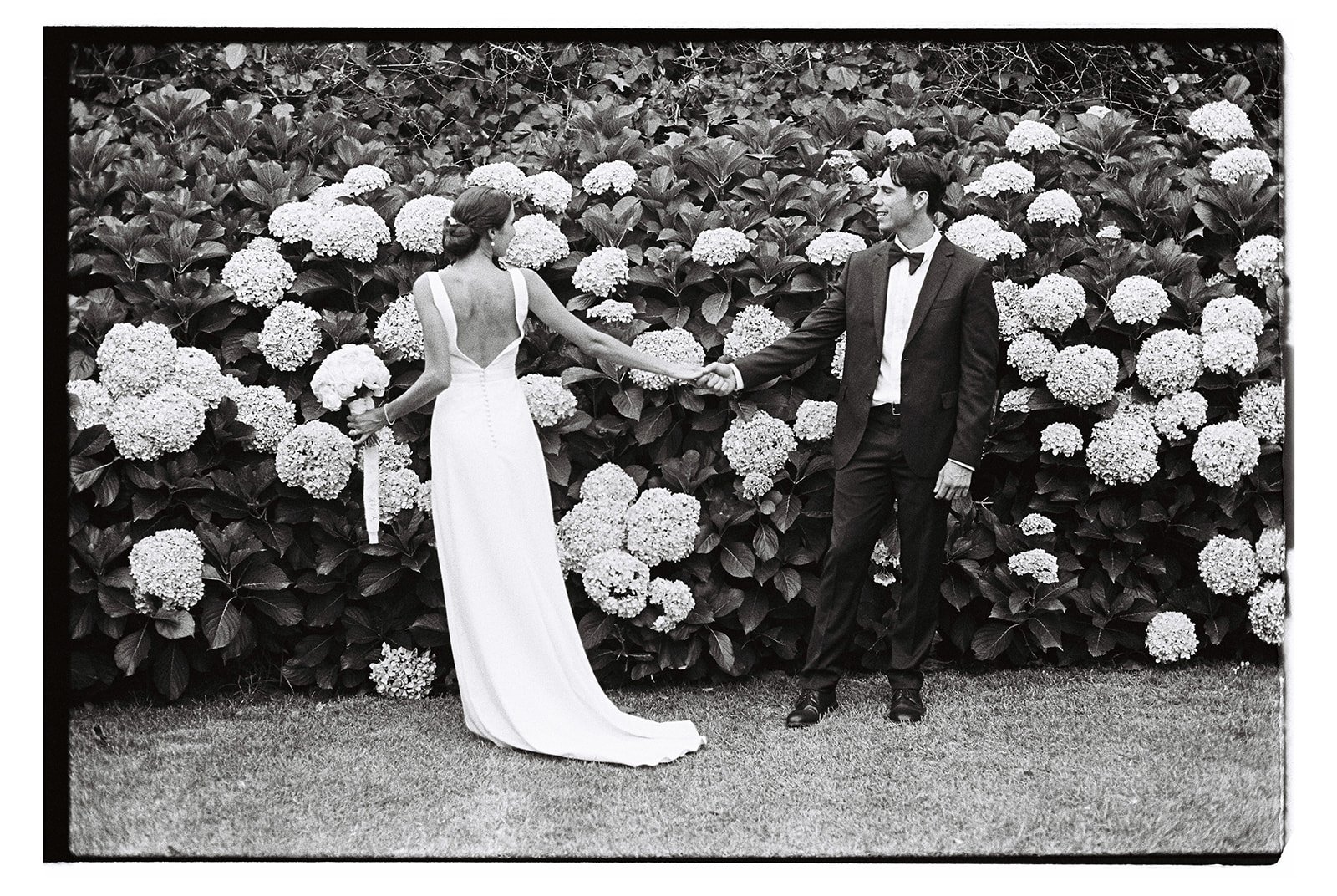 Black and white film image of a wedding couple in front of hydrangeas.
