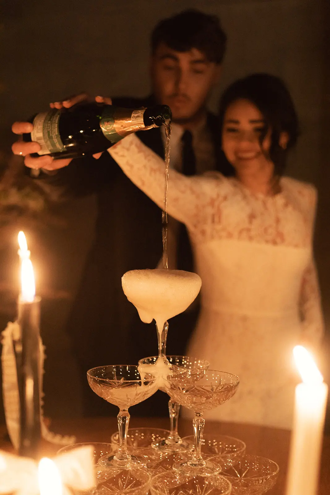 Champaign tower at a wedding