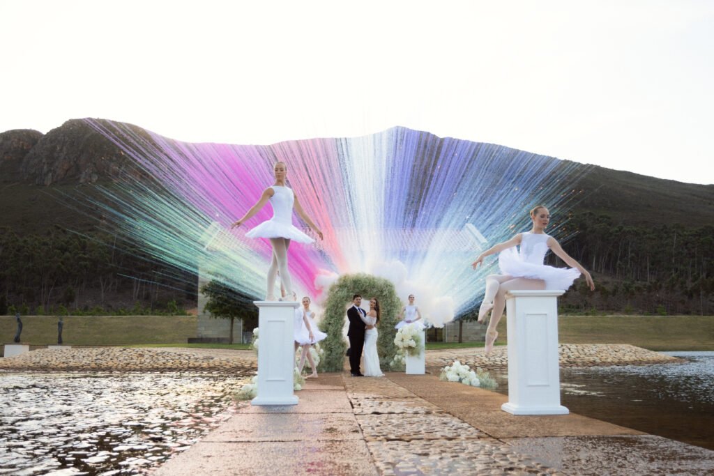 Daylight fireworks during a wedding at La Roche