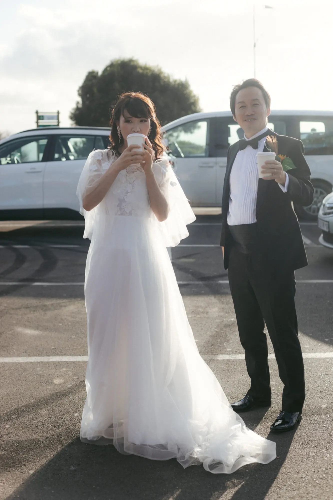 Japanese wedding couple getting coffee