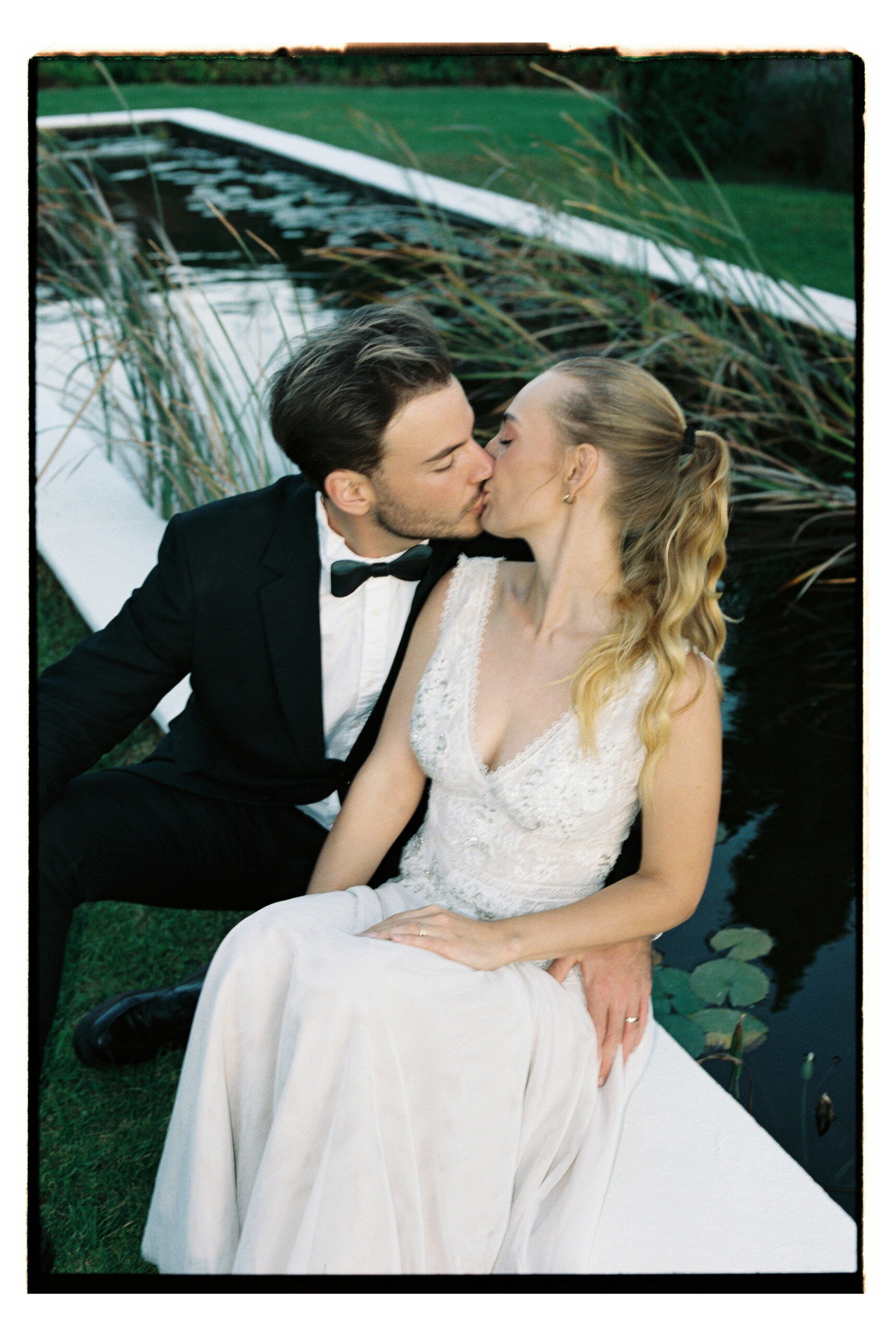 Wedding couple photographed on 35mm film with flash