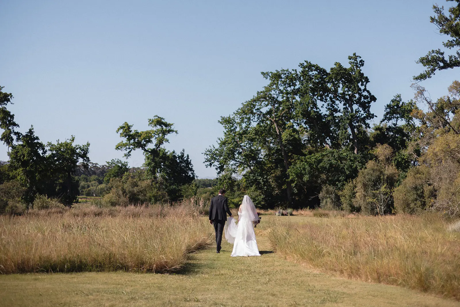 Wedding image of a wedding couple walking down a grassy isle into their ceremony.
