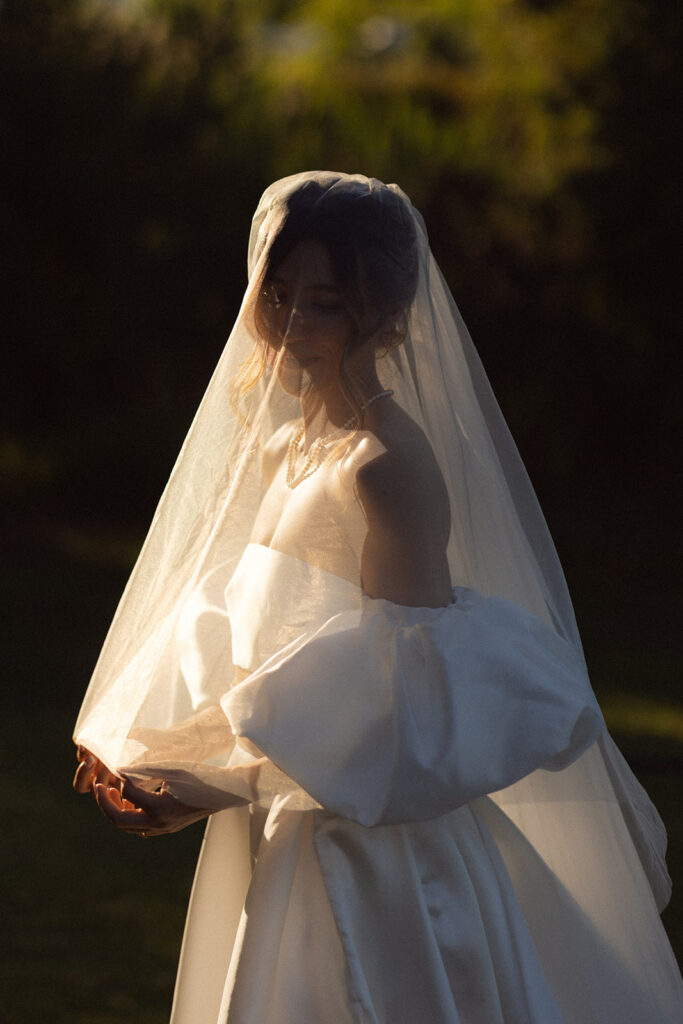 Bride with a veil, backlit by warm sunlight